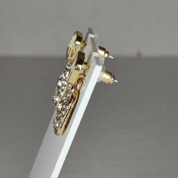 Gold Tone Metal Colorless Rhinestones Pearl Tone Stud Dangle Drop Earrings S925 - Picture 13 of 16